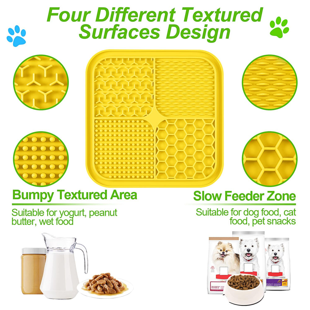 LUKITO lick mat showing four textured surfaces for varied treat experiences for dogs and cats