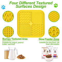 LUKITO lick mat showing four textured surfaces for varied treat experiences for dogs and cats