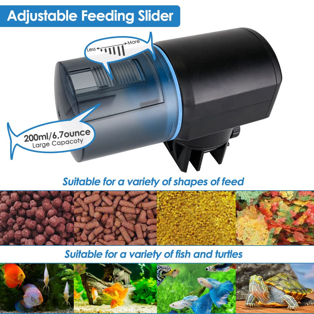 Lukovee Automatic Fish Feeder 200ml-capacity view, supports weekend feeding.