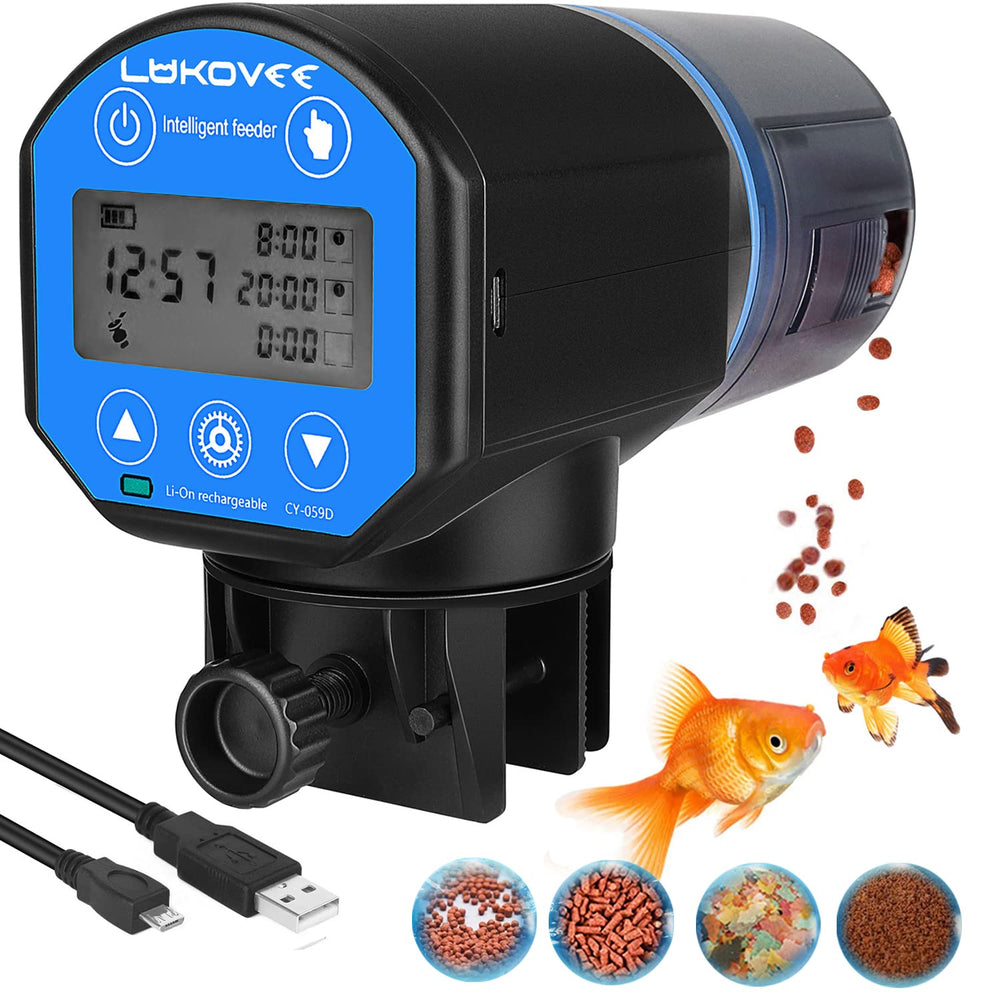 Lukovee Automatic Fish Feeder front view, compact design enabling reliable timed feedings.