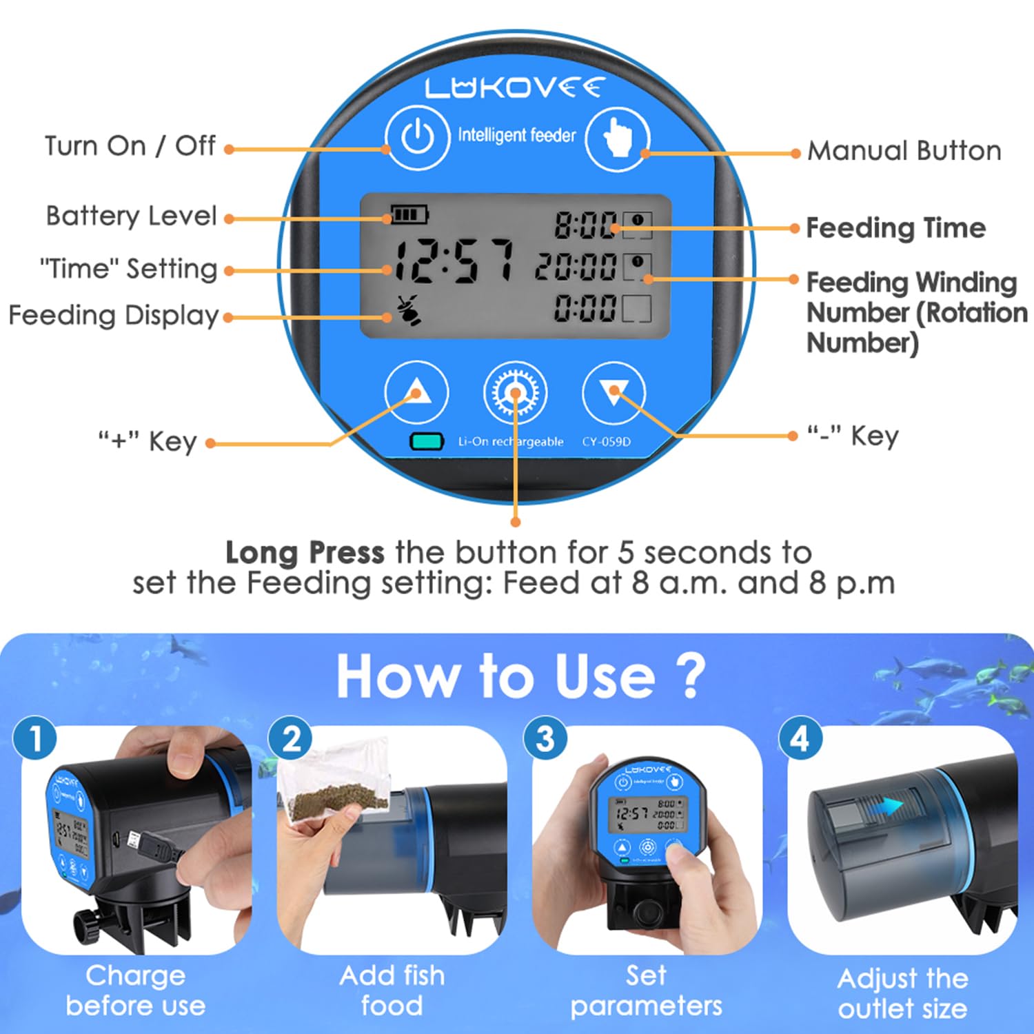 Lukovee Automatic Fish Feeder two-fixing-methods view, flexible mounting options.