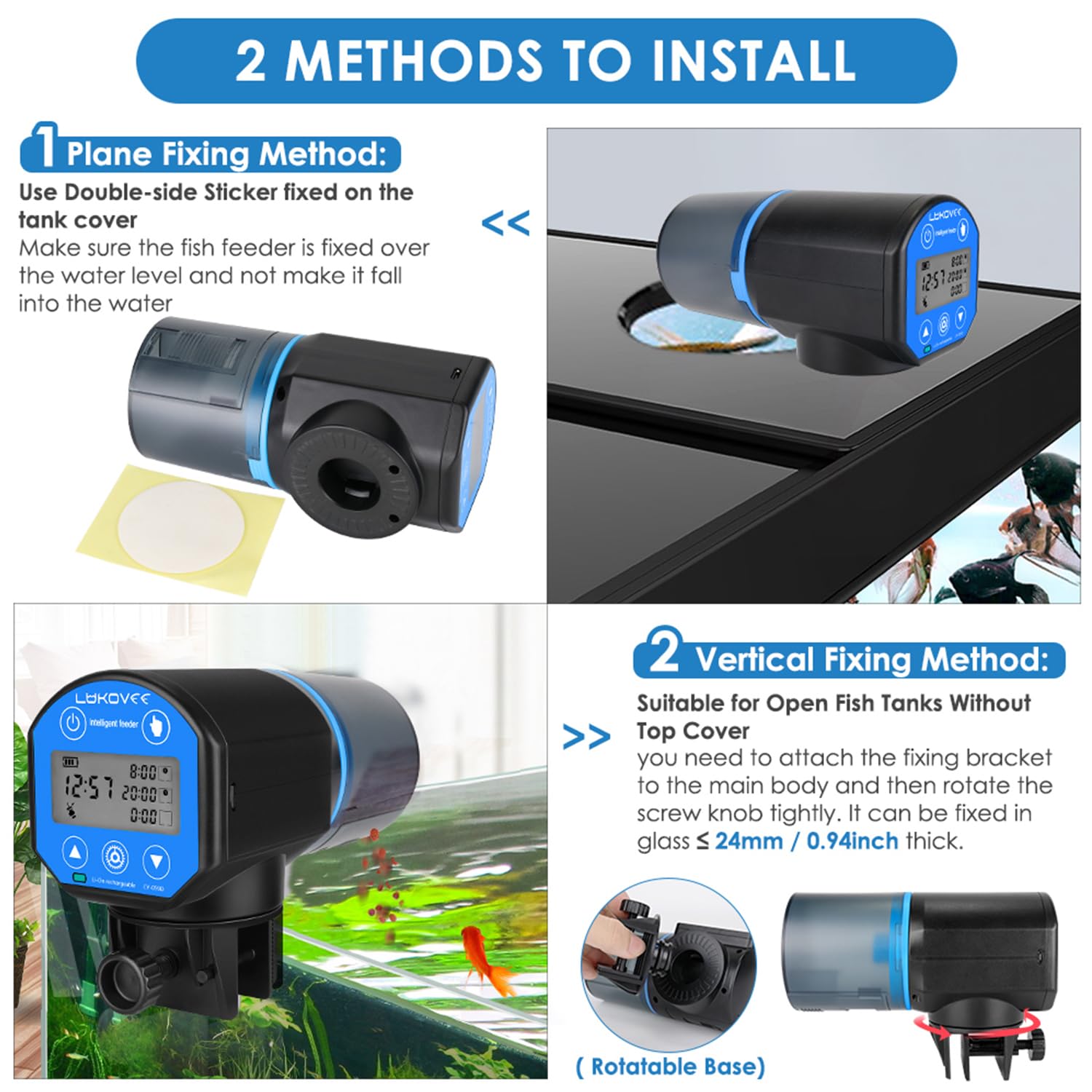 Lukovee Automatic Fish Feeder usb-rechargeable-battery view, long-lasting power.