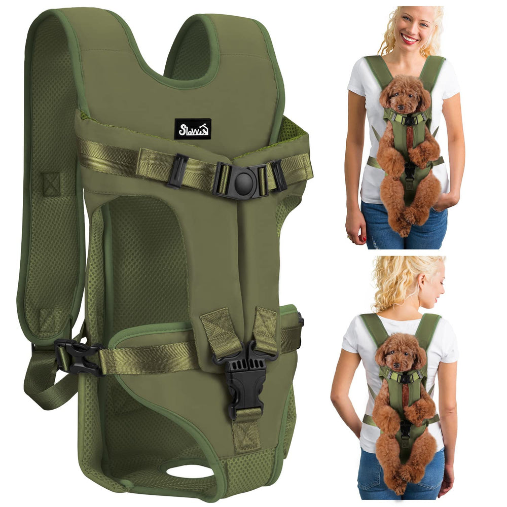 Lukovee dog backpack carrier front view with legs-out fit for small to medium dogs.