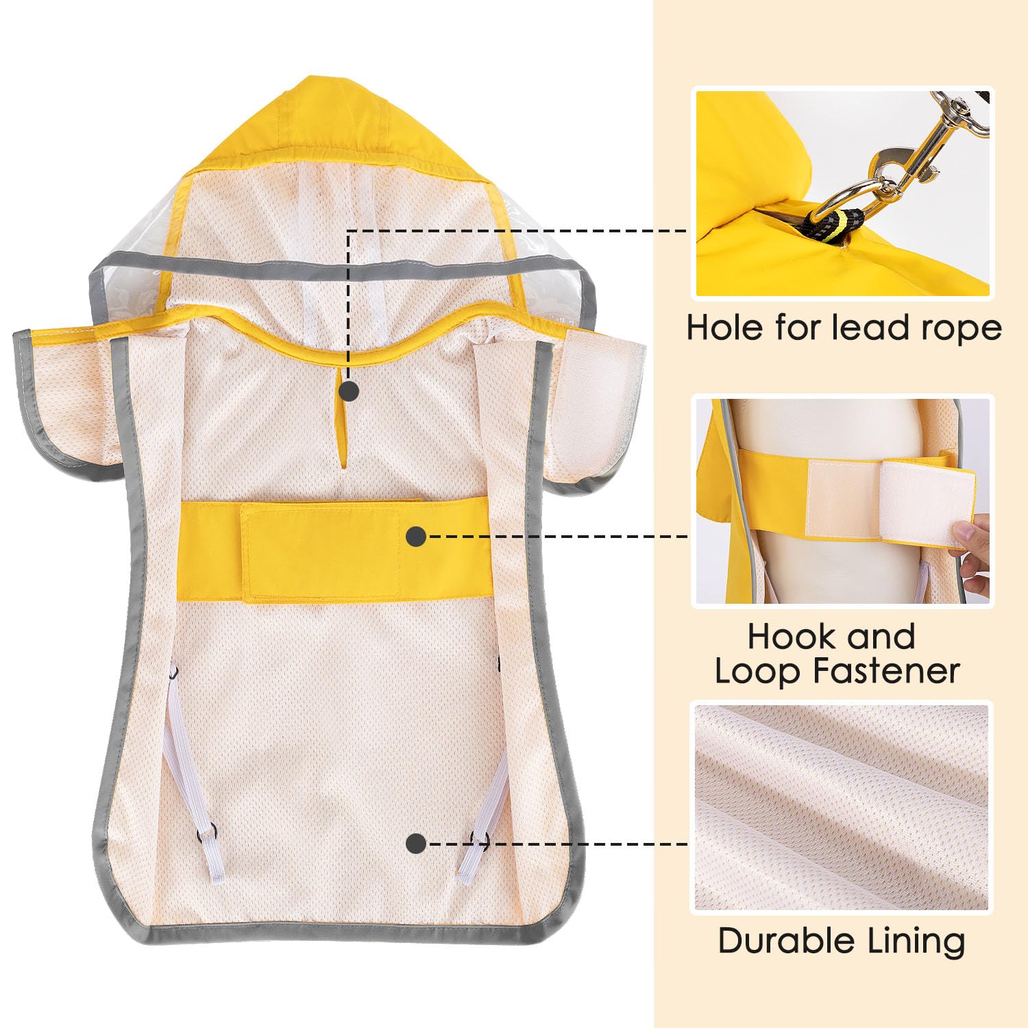 Lukovee dog raincoat pocket and leash-hole for easy storage and leash access.