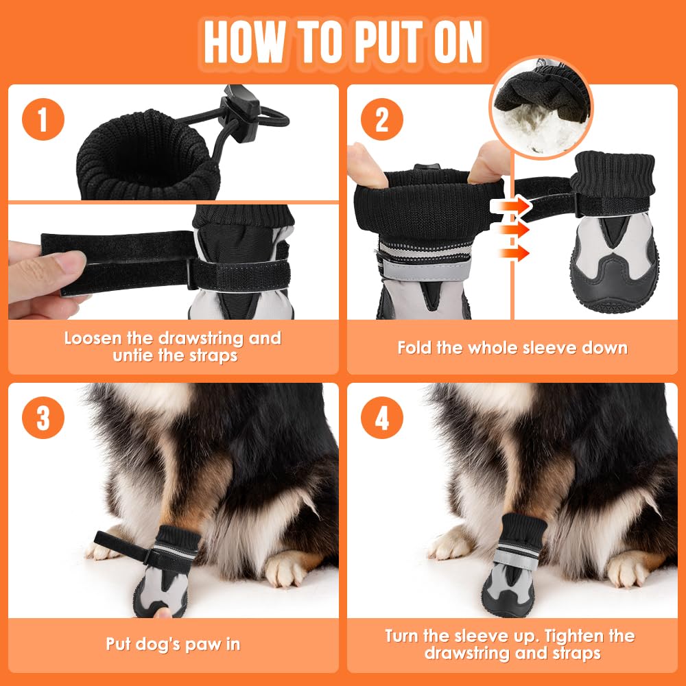 Lukovee boots displayed with paw measurement guide to find the right size.