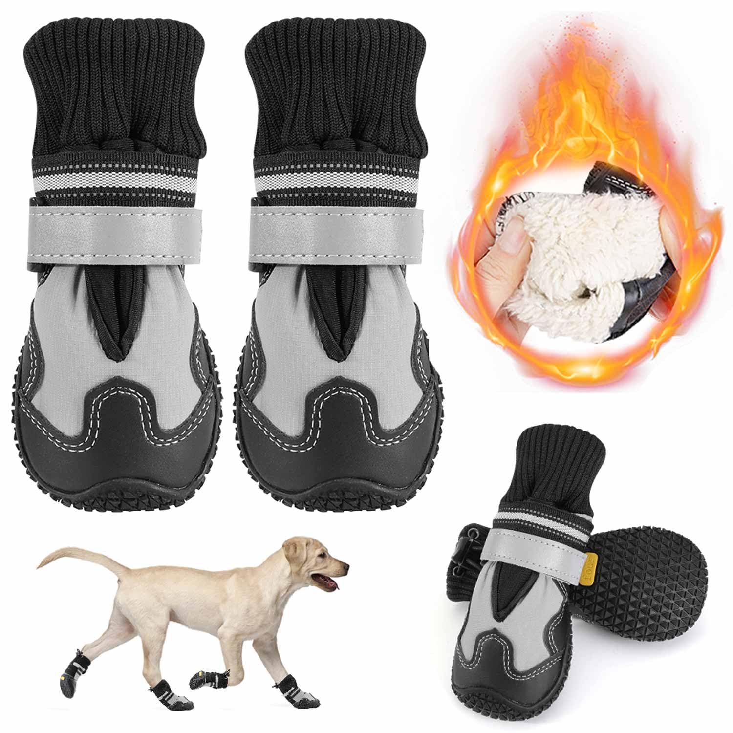 Lukovee dog shoes keep paws dry with waterproof exterior and warm fleece lining.