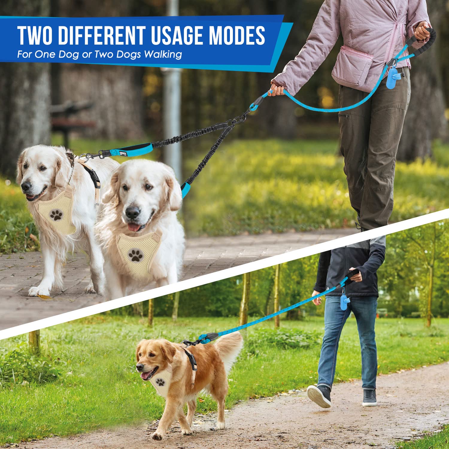 Lukovee Double Dog Leash adjustable bungee length adapts to different dogs.