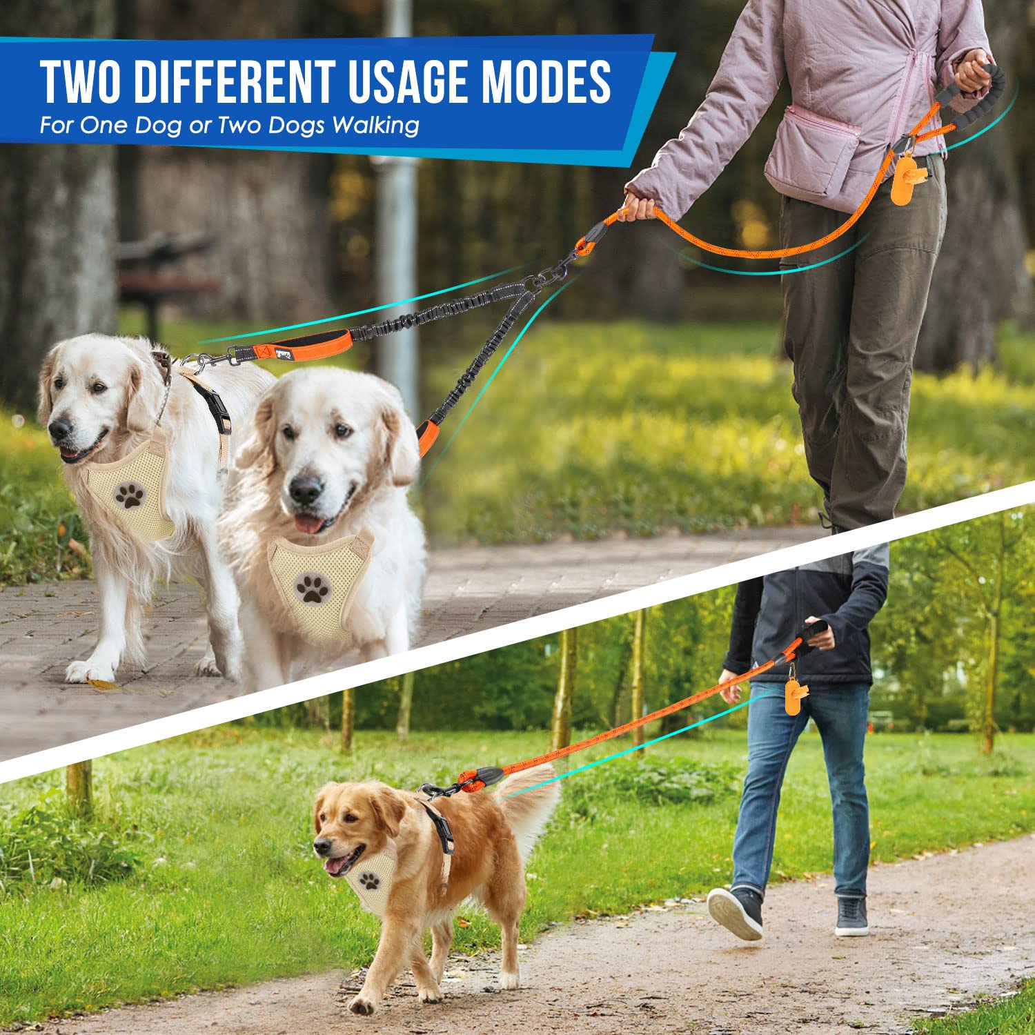 Lukovee double dog leash extendable-20-35-inches provides comfortable freedom without heavy pulling