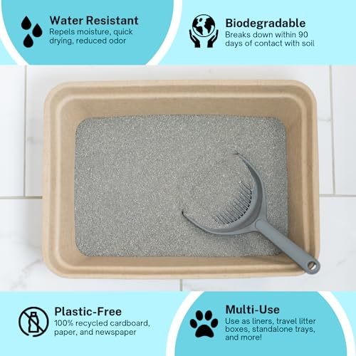 Luli & Cat disposable litter box with litter-filled interior maintains shape during use.