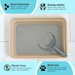 Luli & Cat disposable litter box with litter-filled interior maintains shape during use.