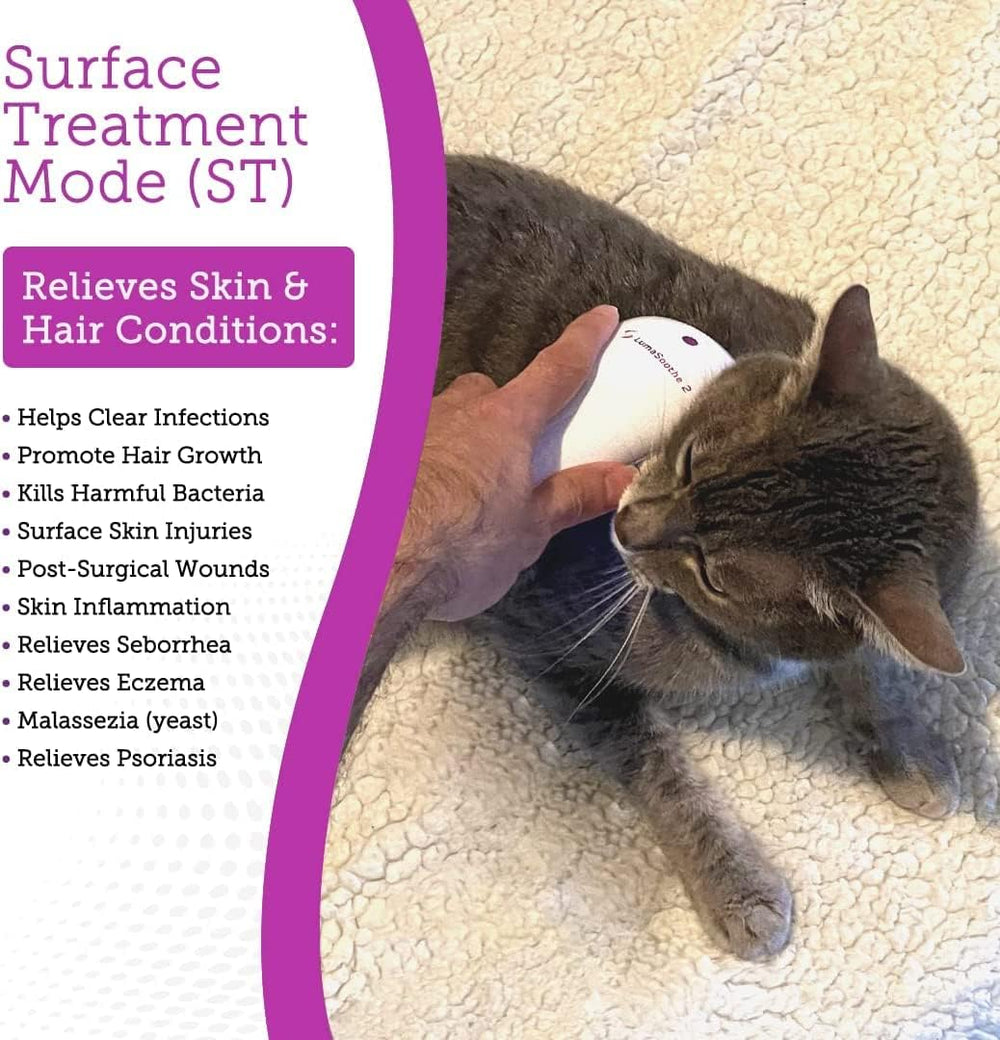 LumaSoothe treatment head shown on a pet area for targeted therapy.