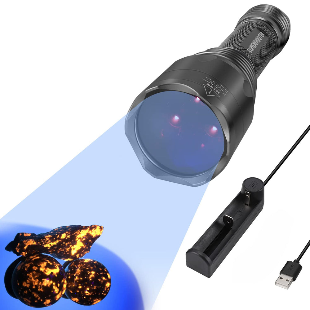 LUMENSHOOTER S3 UV flashlight front view with three LEDs for powerful UV detection