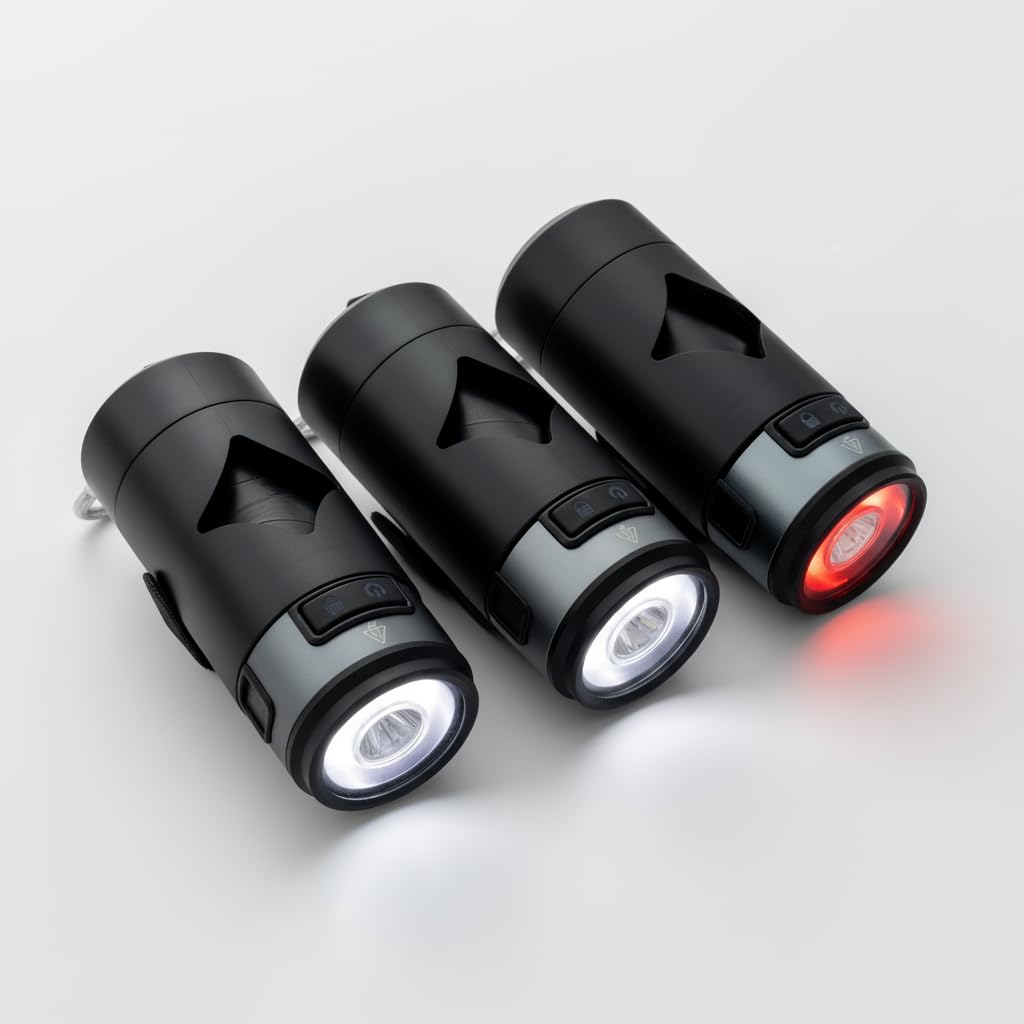 Lumi Pawtners Lumi-dog-waste-bag-holder-led-flashlight clipped on belt for quick cleanup.