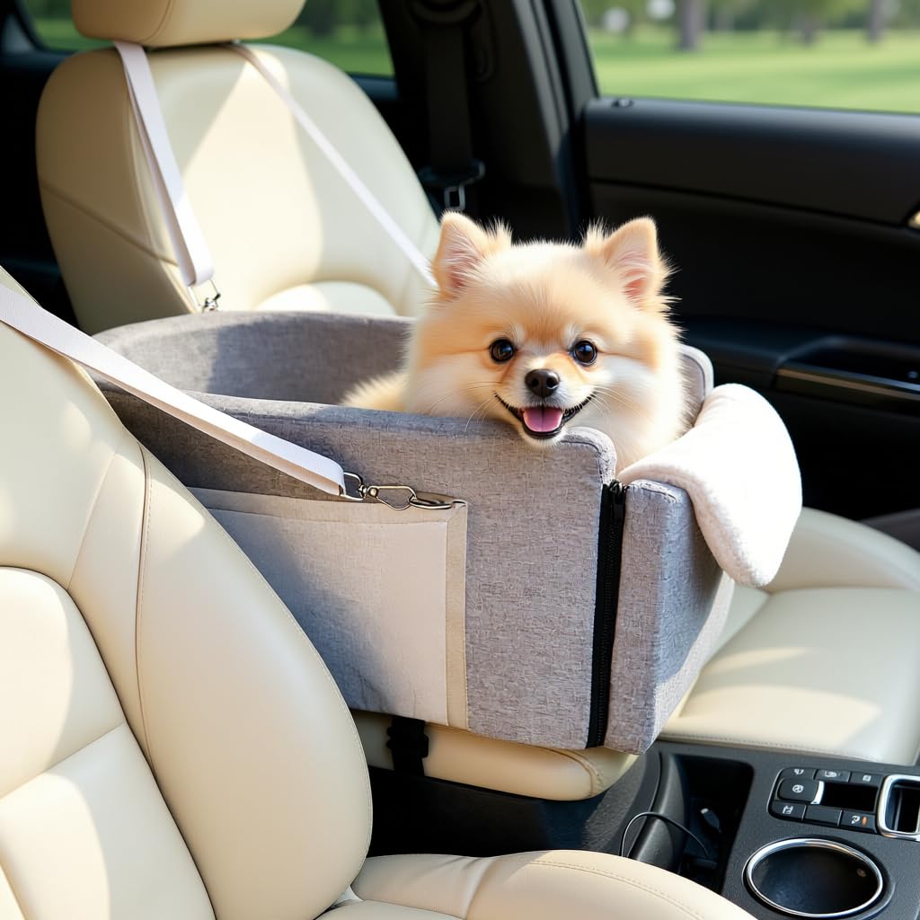 Lumies dog car seat center-console—elevated comfort for small pets during travel.