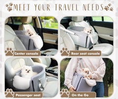 Lumies dog car seat passenger view—adjustable positioning for flexible car trips.