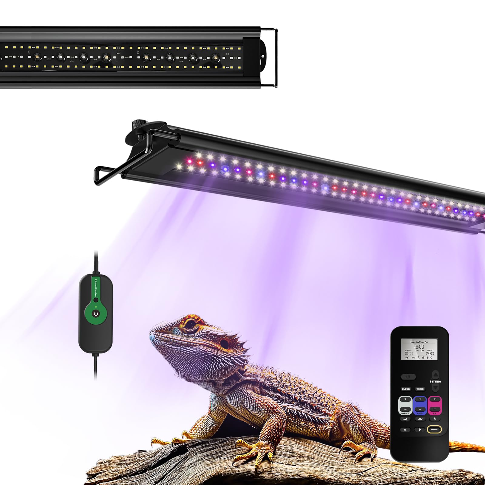 LuminPacific 20W UVB strip lamp front view ideal for compact basking zones.