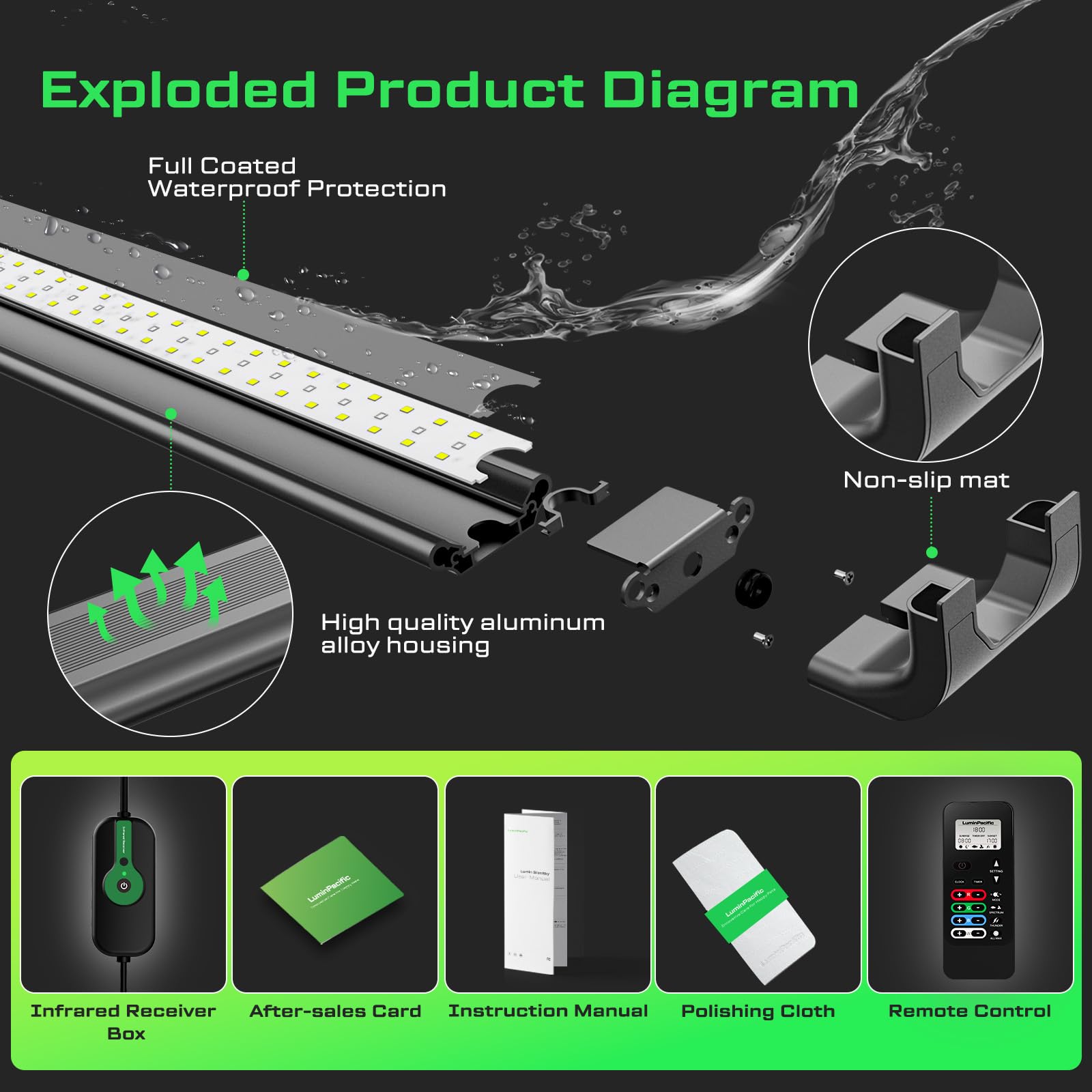 LuminPacific light with arc-design matte finish for modern tanks.