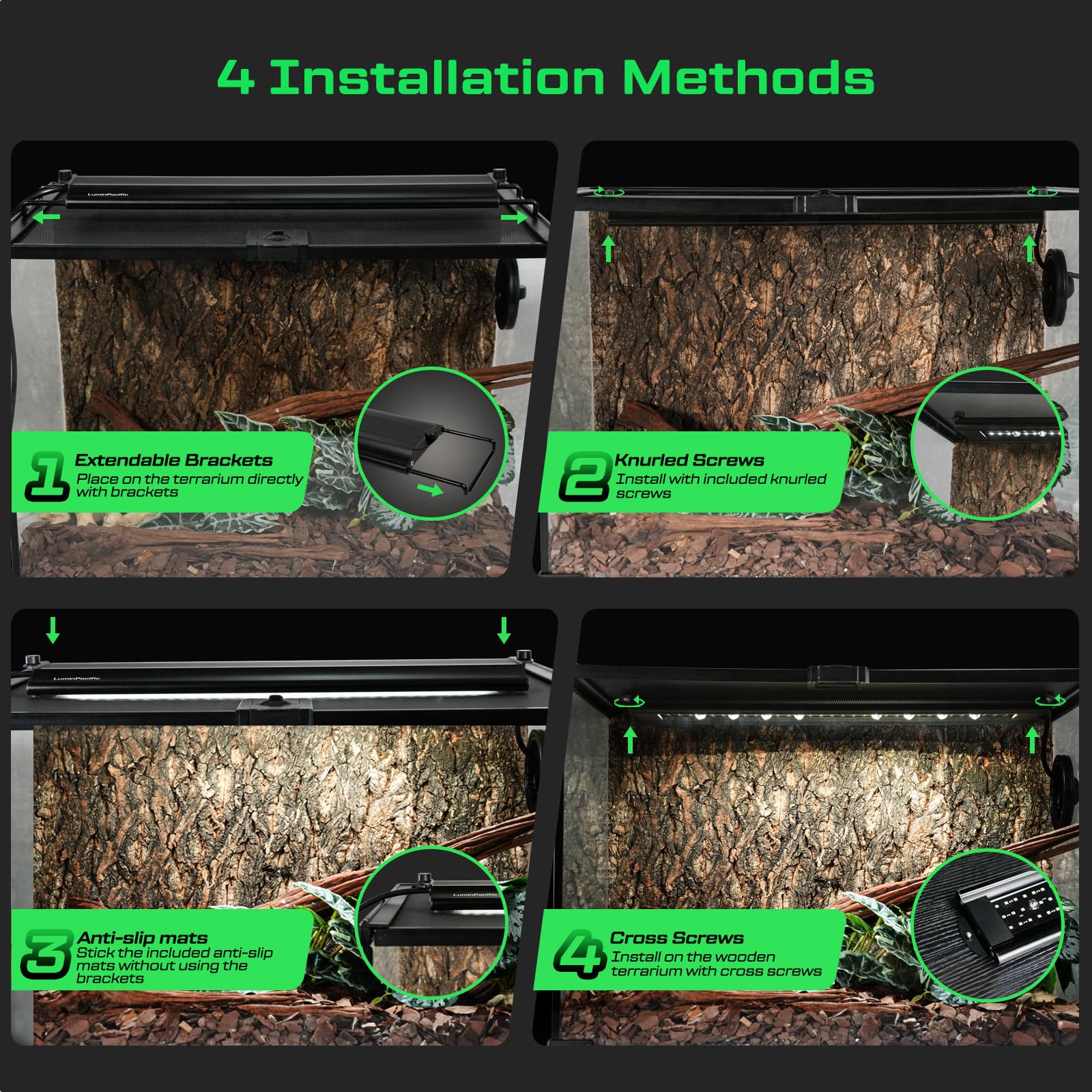 LuminPacific terrarium mesh mount attachment illustrating flexible mounting choices