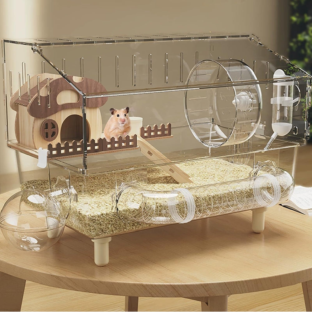 LummiPlay 8in1 acrylic hamster cage full-view for easy monitoring of activity.