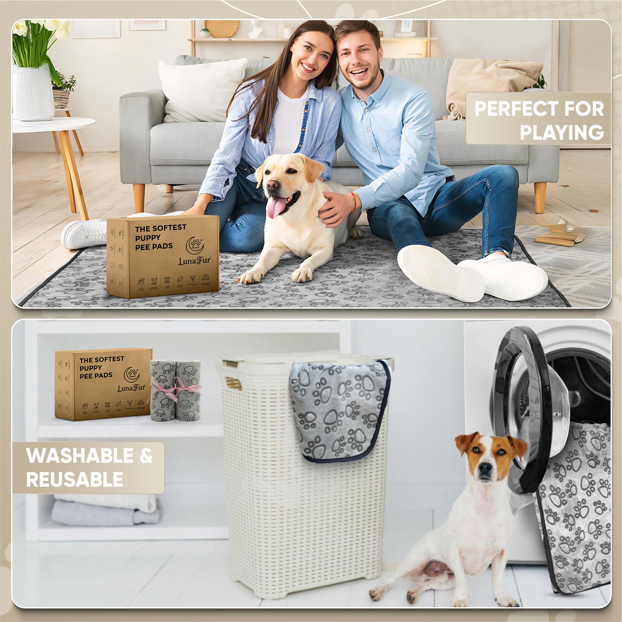 LUNA FUR pads shown in crate setup for convenient potty training and crate comfort.