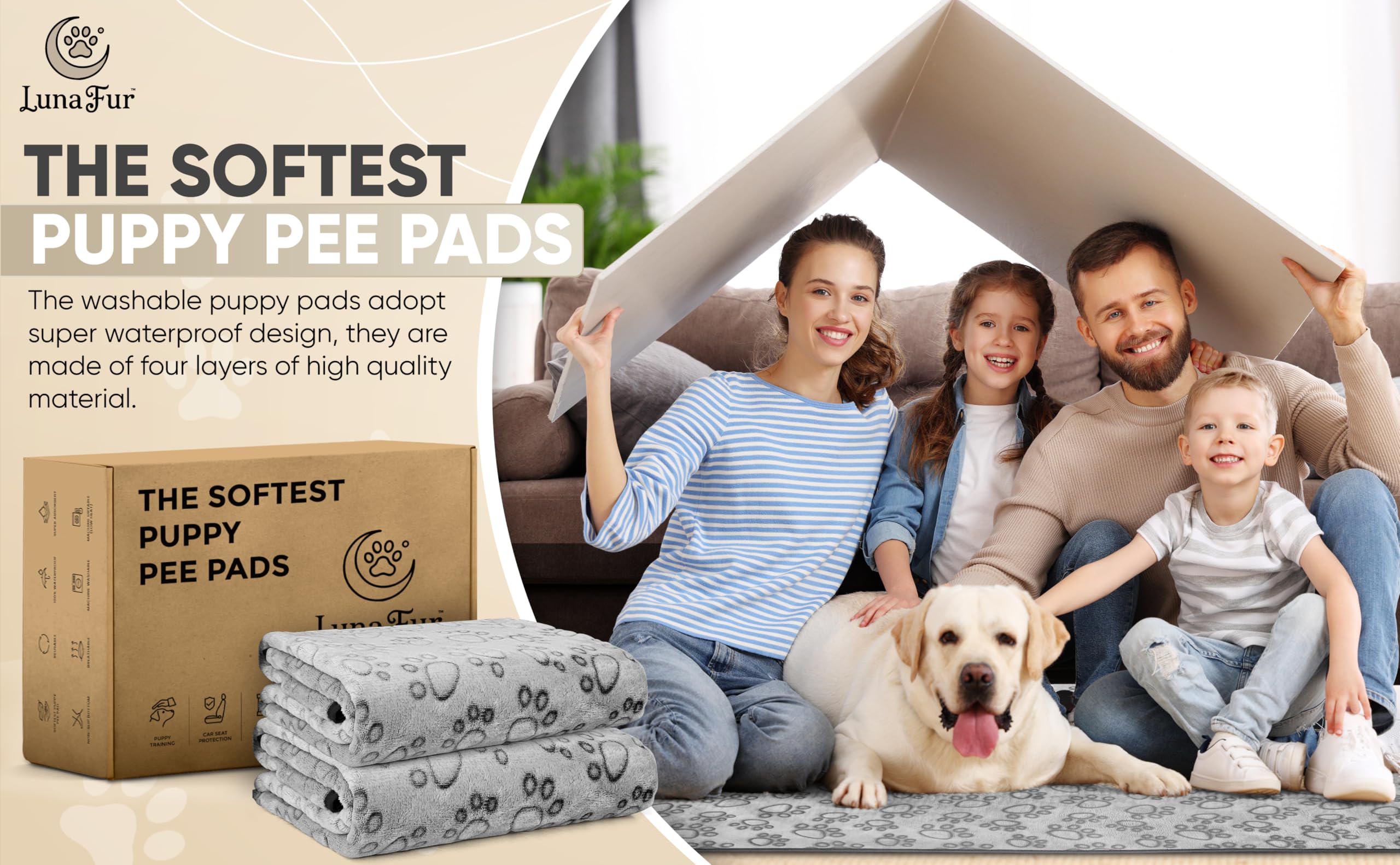 LUNA FUR pads protect floors during sofa and playpen use with waterproof backing.