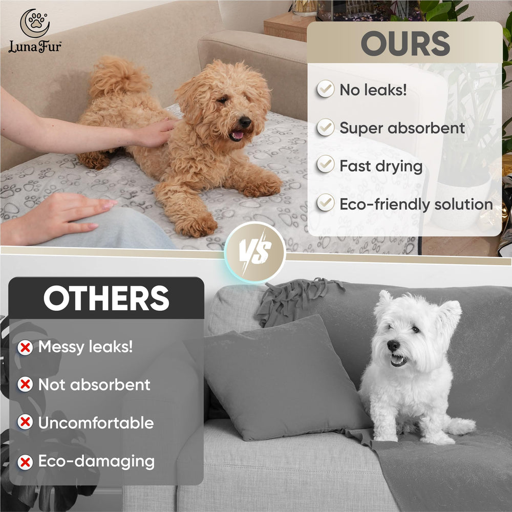 LUNA FUR reusable pads highlight non-slip backing for crate and playpen stability.