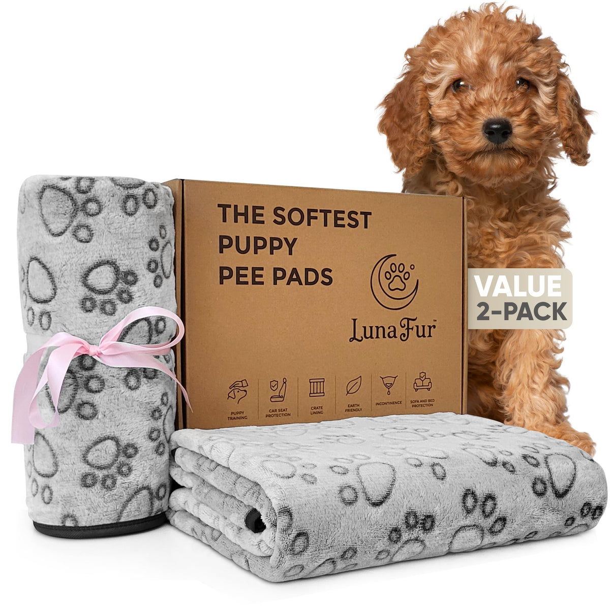 LUNA FUR washable puppy pads with soft top layer provide gentle comfort and high absorbency.