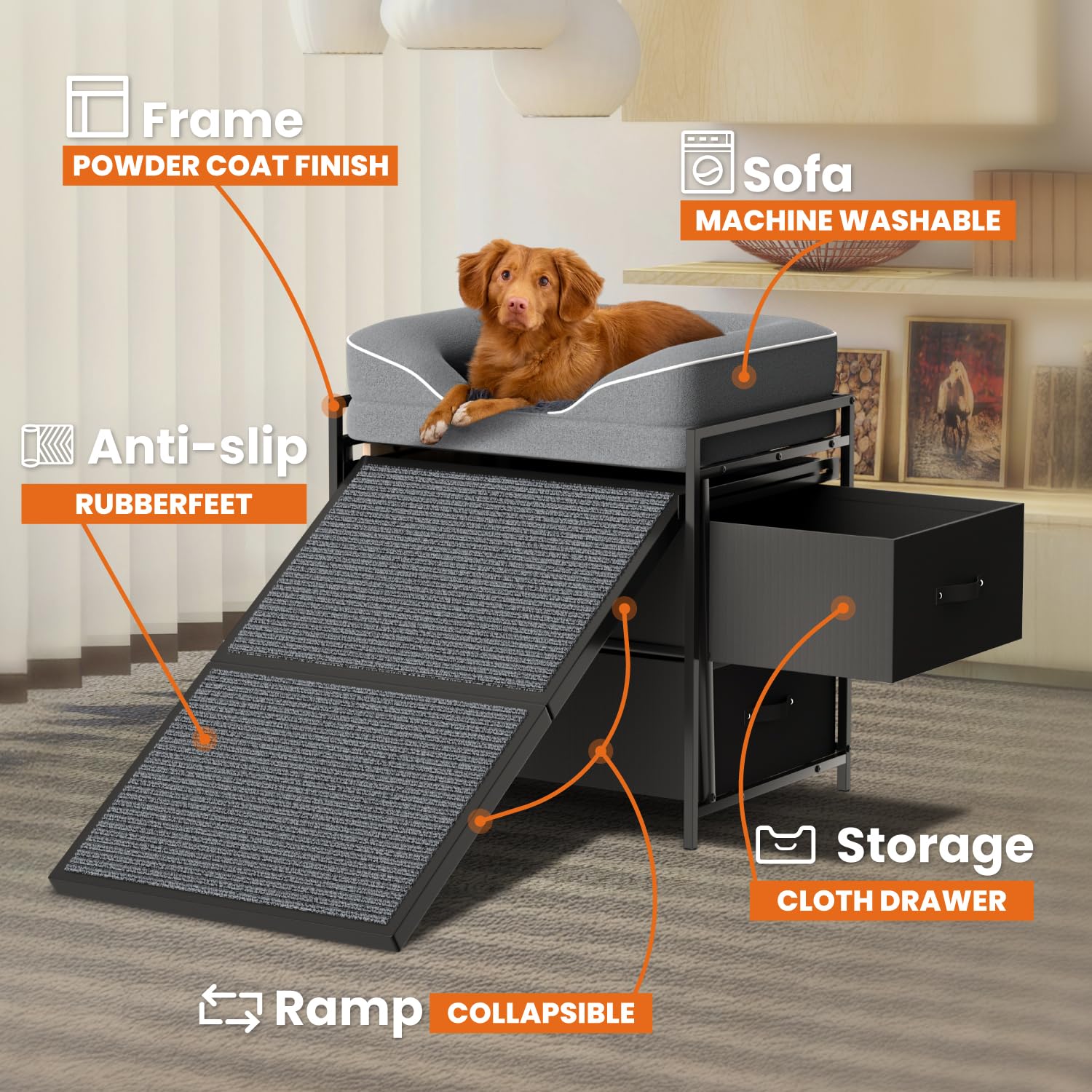 lunacme dog window bed anti-slip ramp demonstrates safe climbing and secure access.