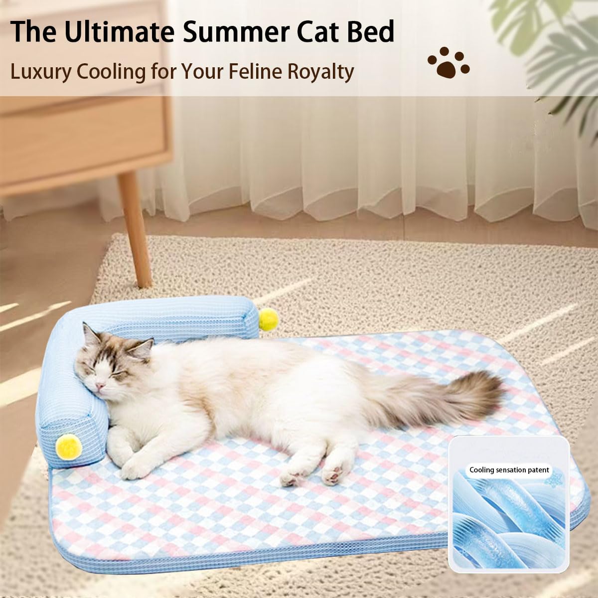 Lunale cat bed blue pillow closeup highlighting soft head support