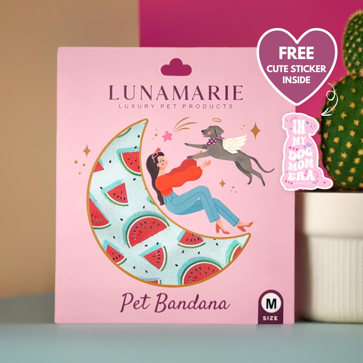 LunaMarie watermelon bandana small-neck image demonstrates perfect fit for small dogs.
