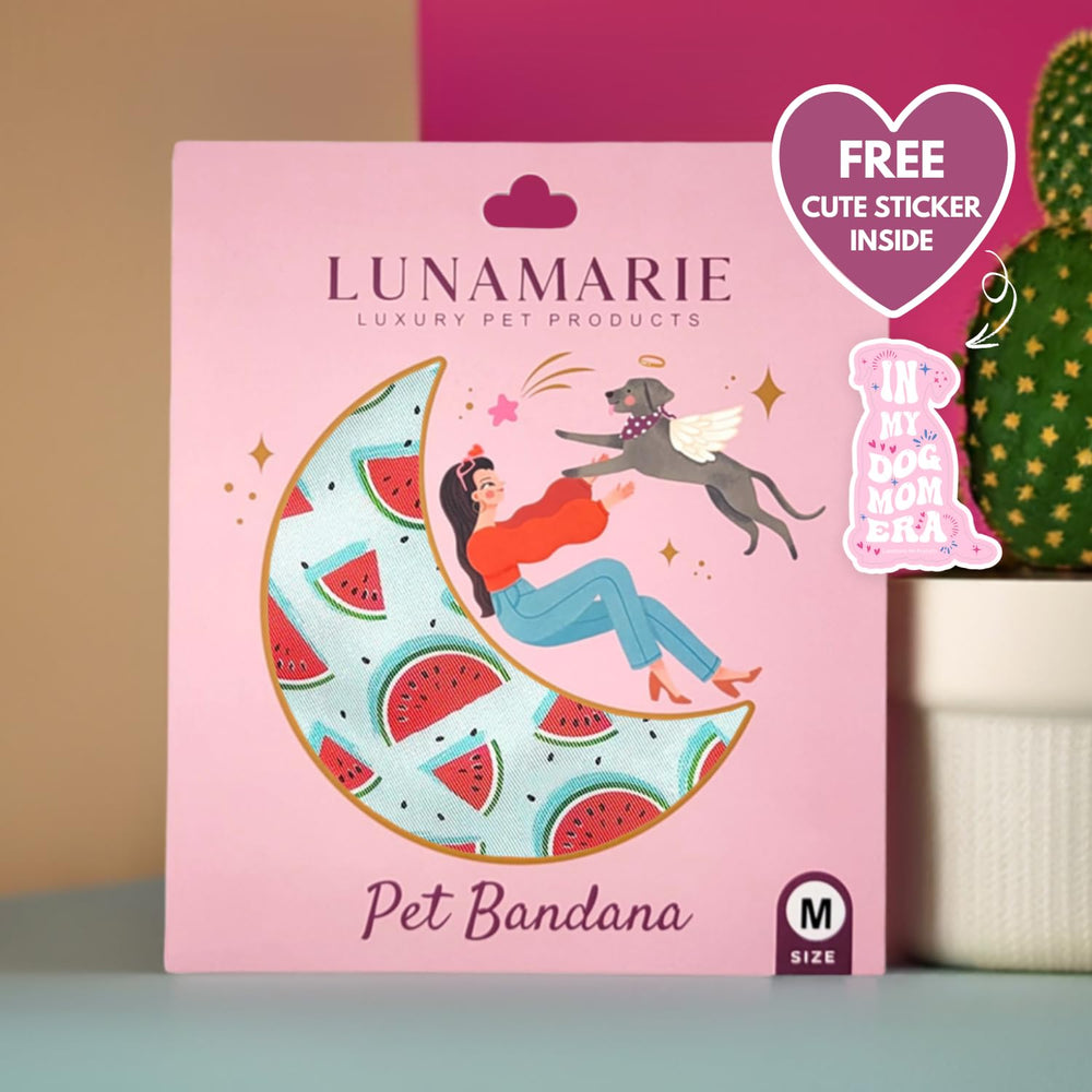 LunaMarie watermelon bandana small-neck image demonstrates perfect fit for small dogs.