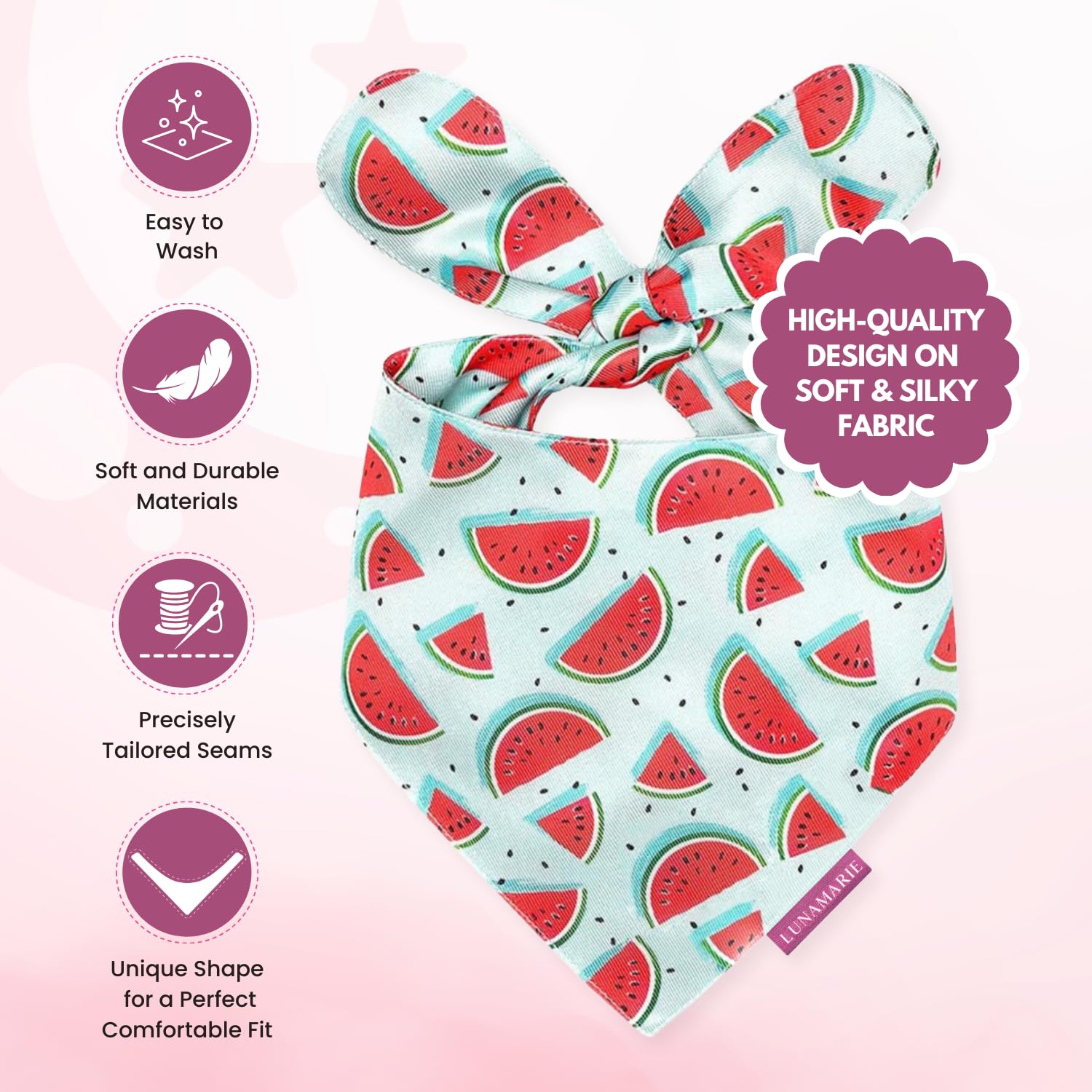 LunaMarie watermelon bandana large-neck image indicates comfortable wrap for larger dogs.