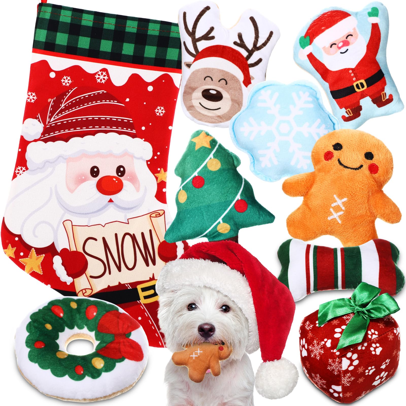 Lunmon Christmas dog toys stocking package: festive squeaky plush surprises for small dogs.