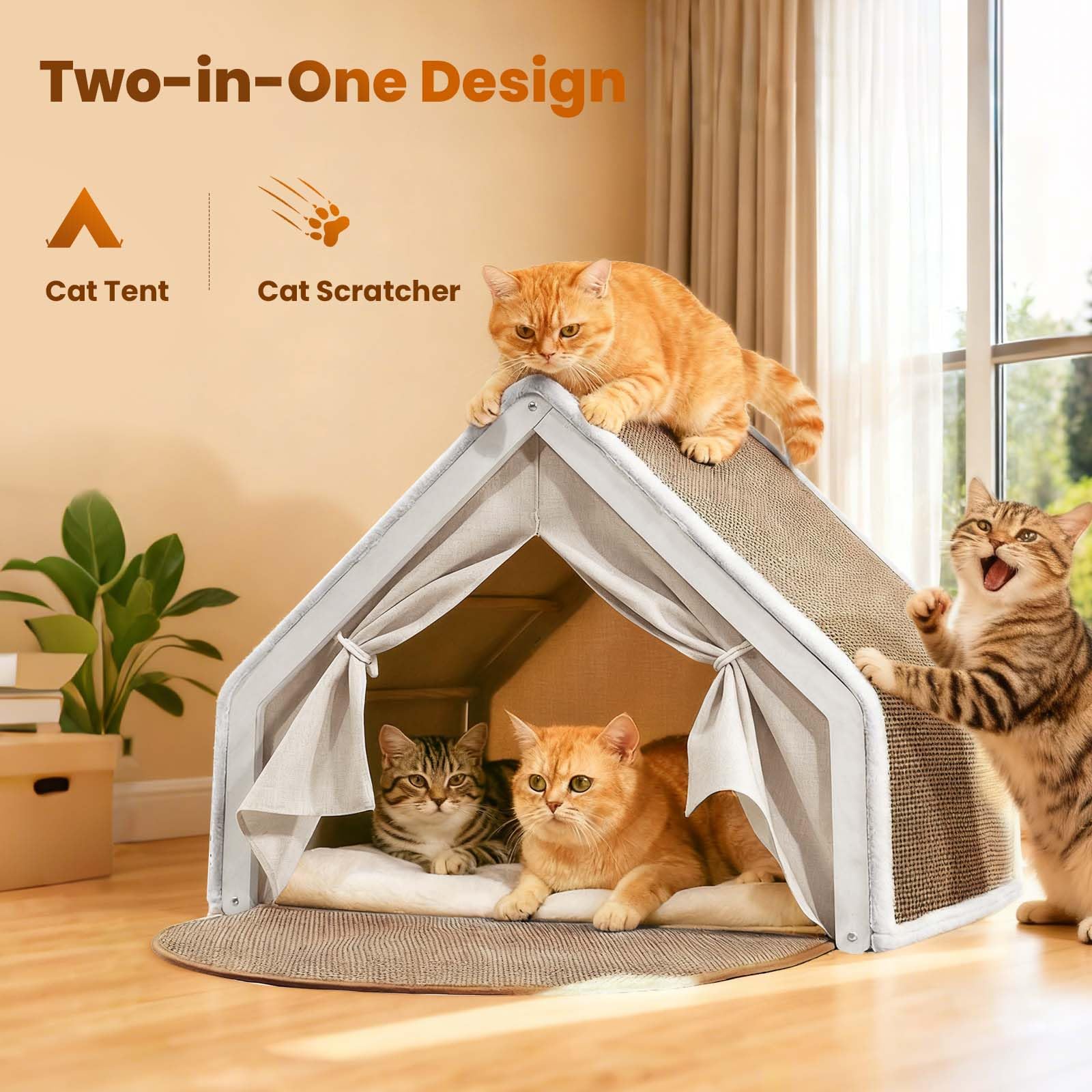 LUNNTE cat house with natural sisal scratcher mat for scratching.