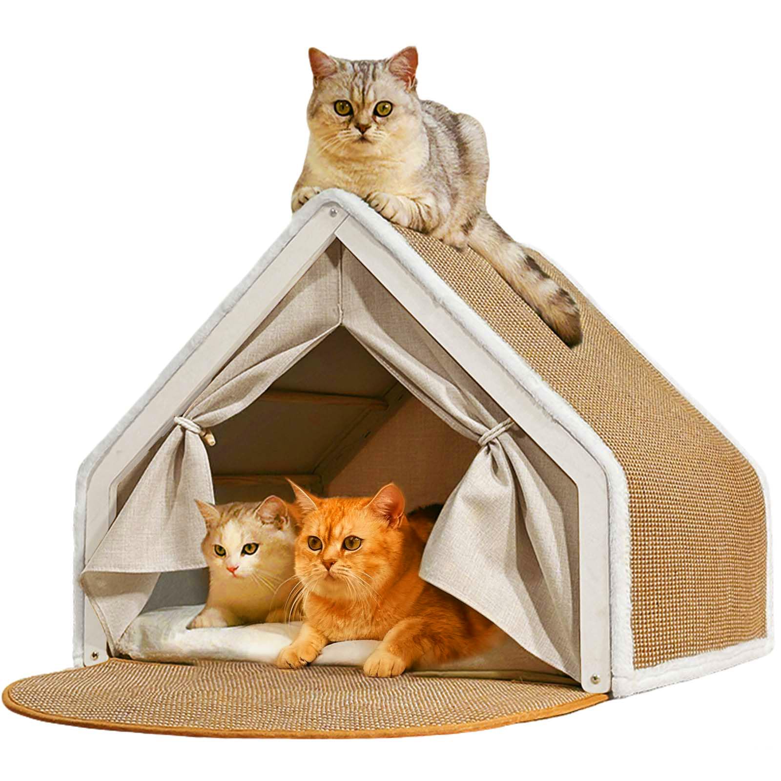 LUNNTE cat house with wood frame cave for indoor cats.