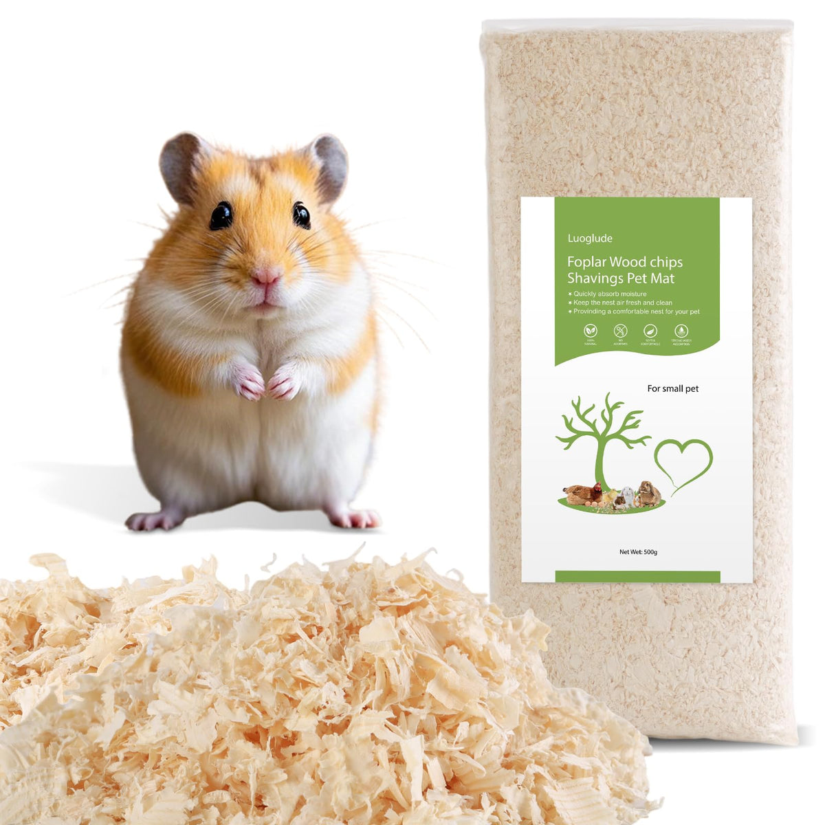 Luoglude aspen bedding pack open showing compressed shavings for quick setup