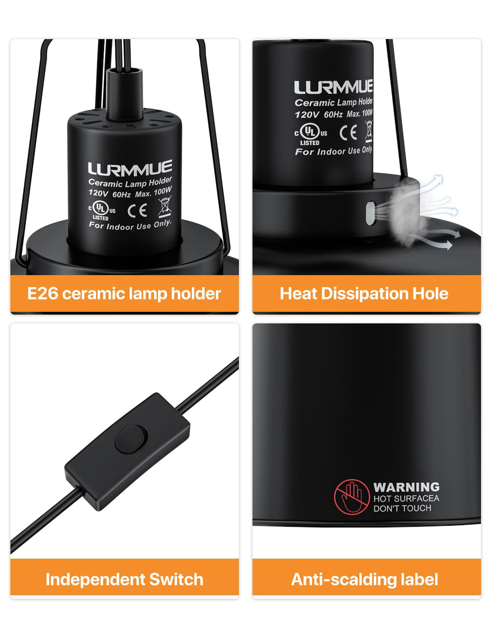 LURMMUE deep dome lamp back-vented top for safer heat dissipation
