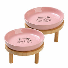 Lusifaco shallow elevated pink bowls on bamboo stand for tidy feeding