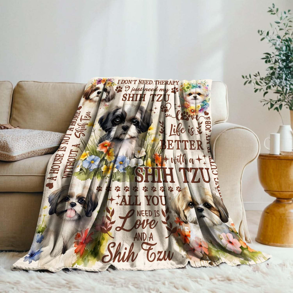 Lussues Nee Shih Tzu Blanket pattern closeup showcasing breed charm and soft texture