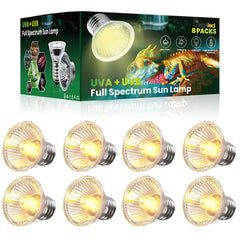 Lustaled 8Pack heat lamp bulbs pack shown for convenient reptile warmth and UV coverage.