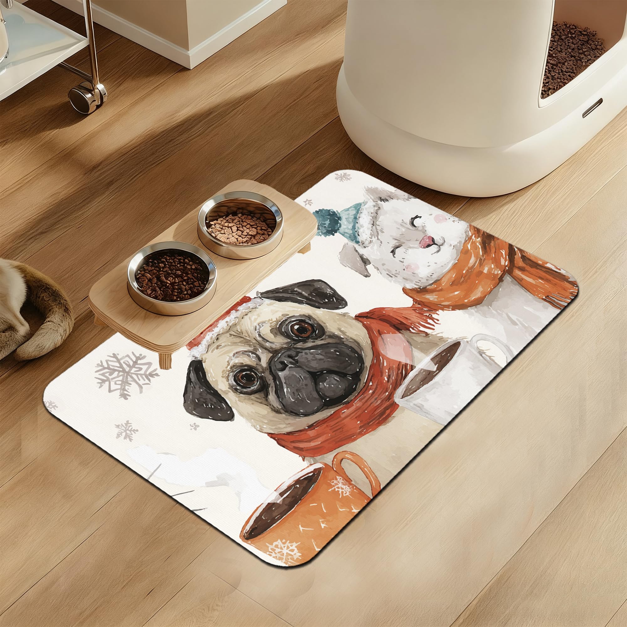 LUTASER Christmas dog cat food mat angle view highlighting mess-free feeding.