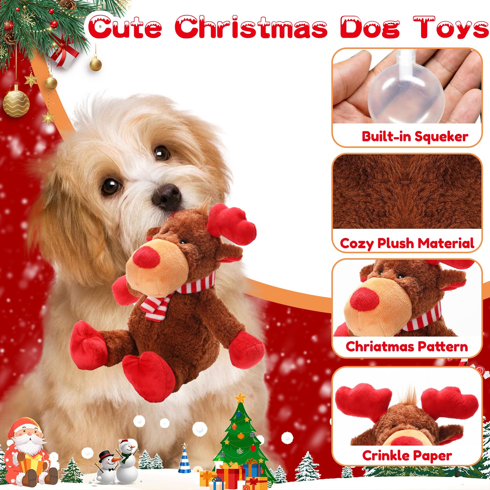 Luudoogs christmas-reindeer-crinkle-ear-dog-toy delivers crinkle sounds for stimulation.