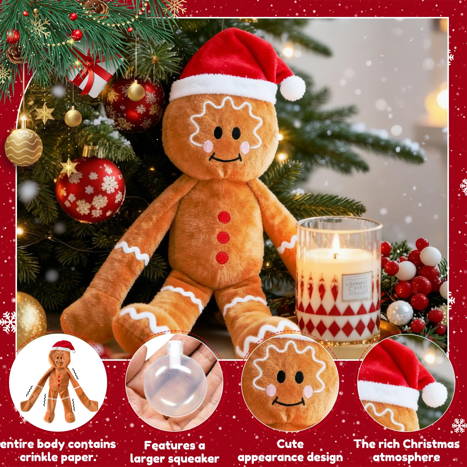 Luudoogs gingerbread-man plush toy close-up showing squeaker and crinkle for engagement.