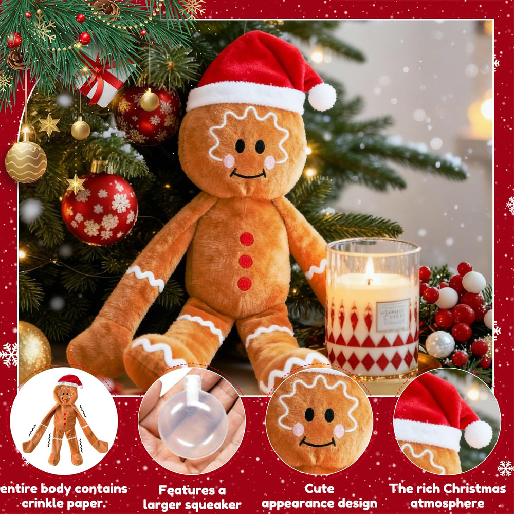 Luudoogs gingerbread-man plush toy close-up showing squeaker and crinkle for engagement.