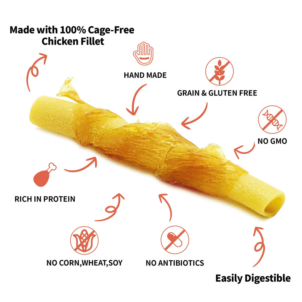 LuvChew bone sticks close-up, soft chicken cheese texture for easy chewing.
