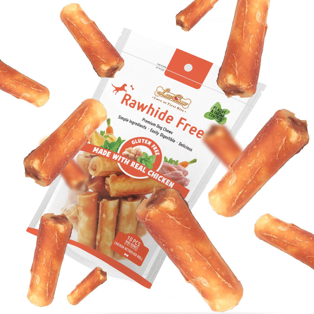 LuvChew gluten-free rawhide-free chicken rolls mini pack hero shows convenient packaging for small dogs