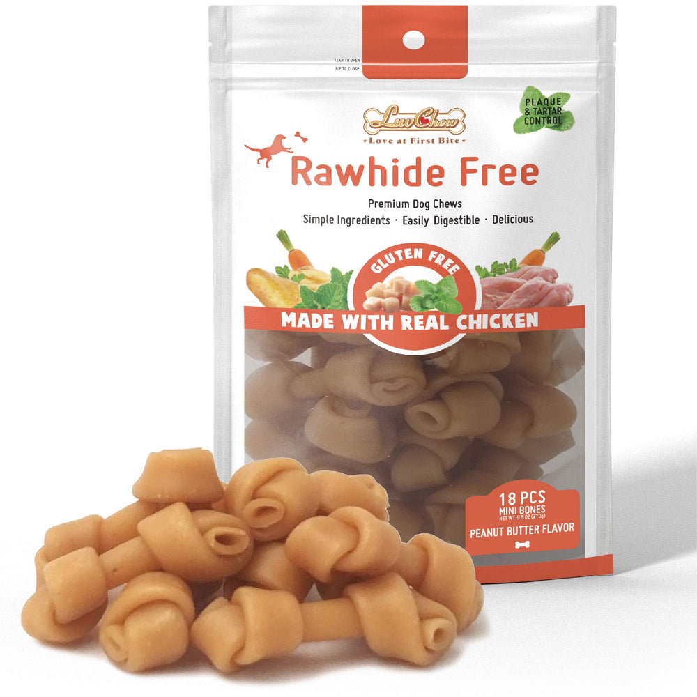 LuvChew mini peanut butter dog chew bones pack front view for safe chewing