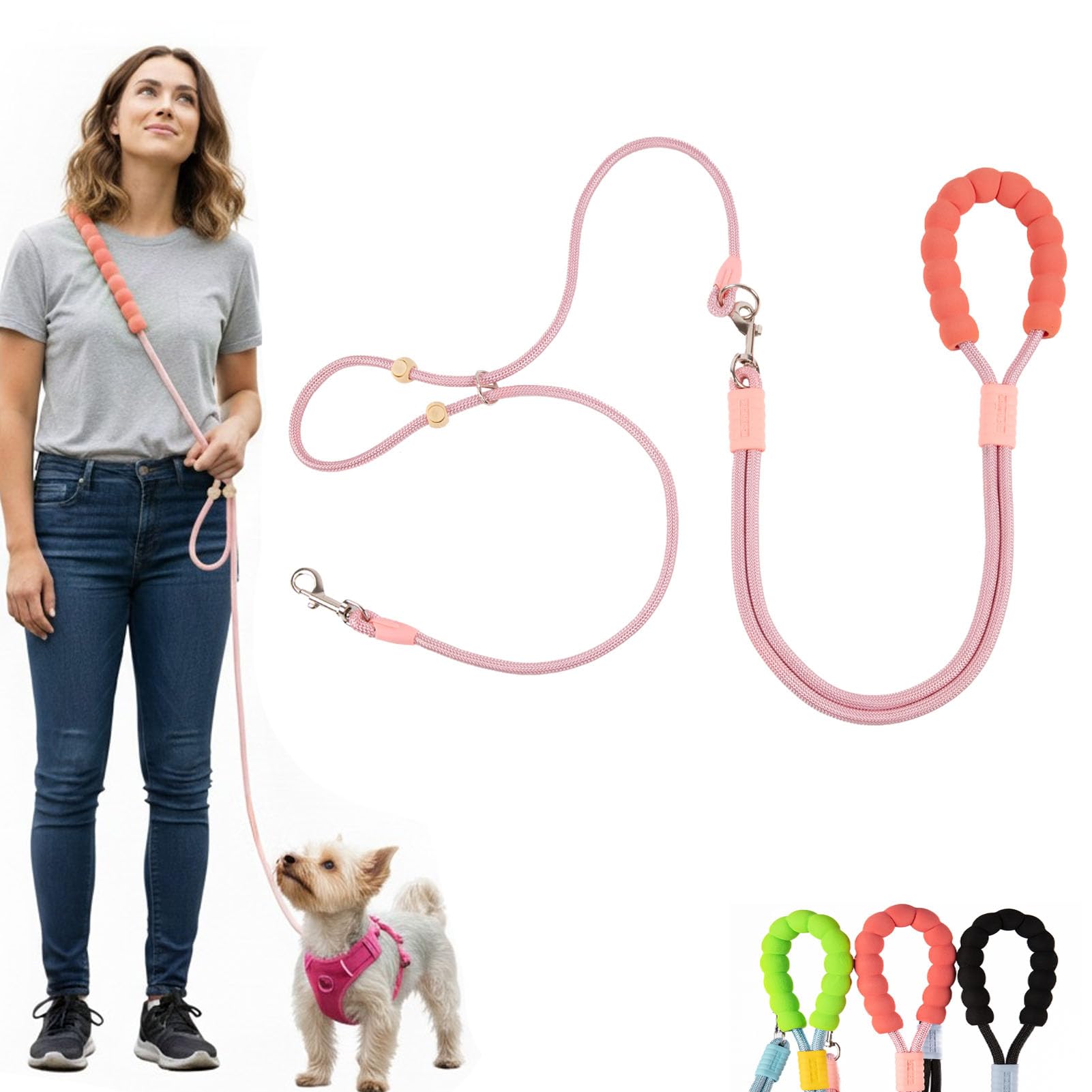 Luvfunaire hands-free leash worn crossbody during a city stroll for hands-free control.