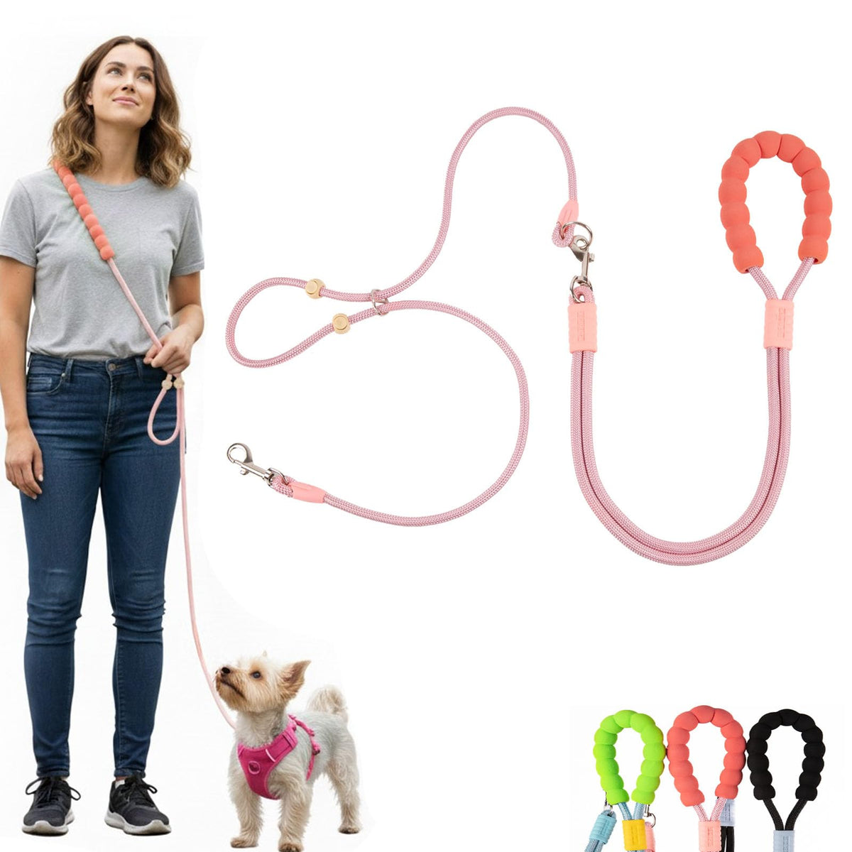 Luvfunaire hands-free leash worn crossbody during a city stroll for hands-free control.
