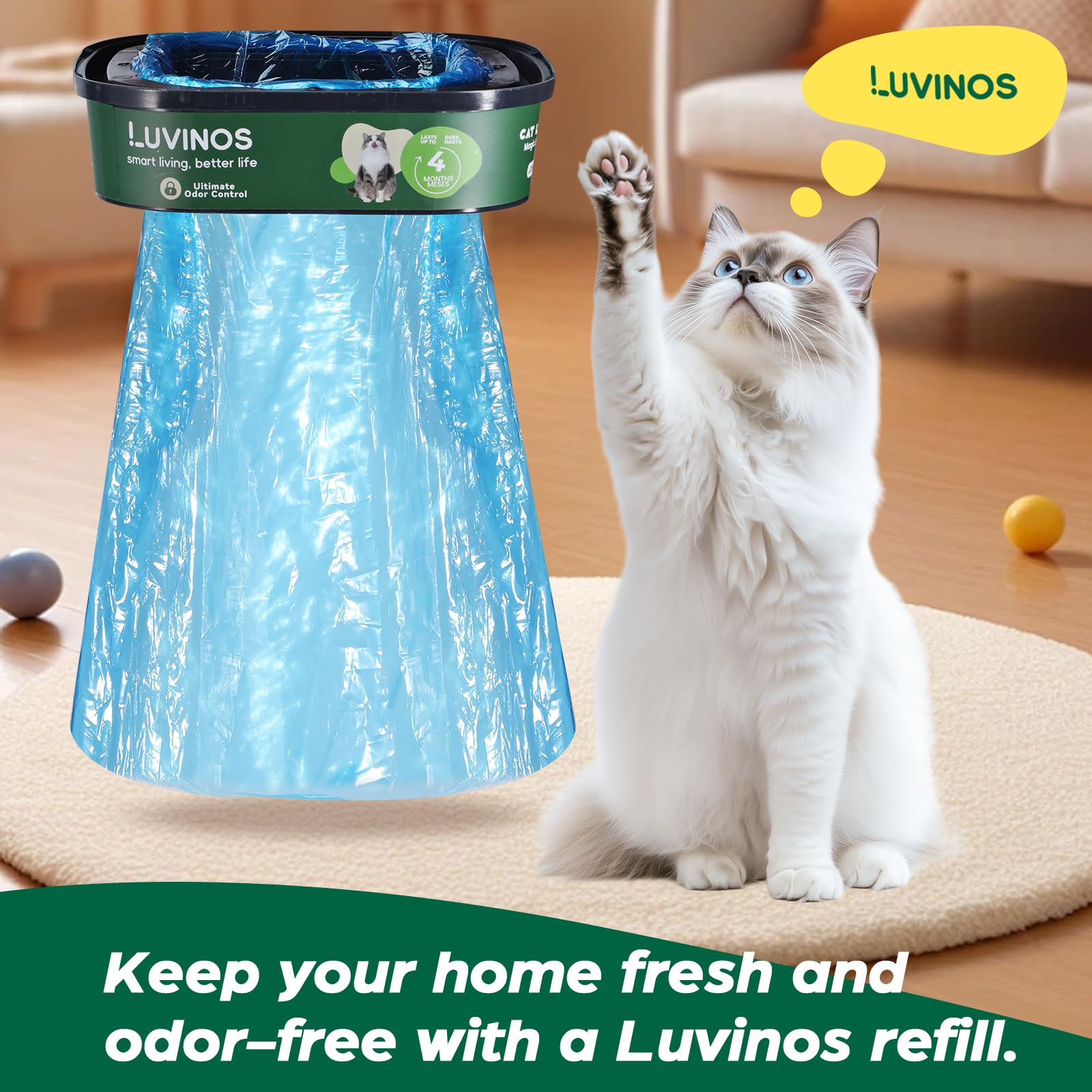 Luvinos home-friendly setup imagery showing odor control during daily routines.